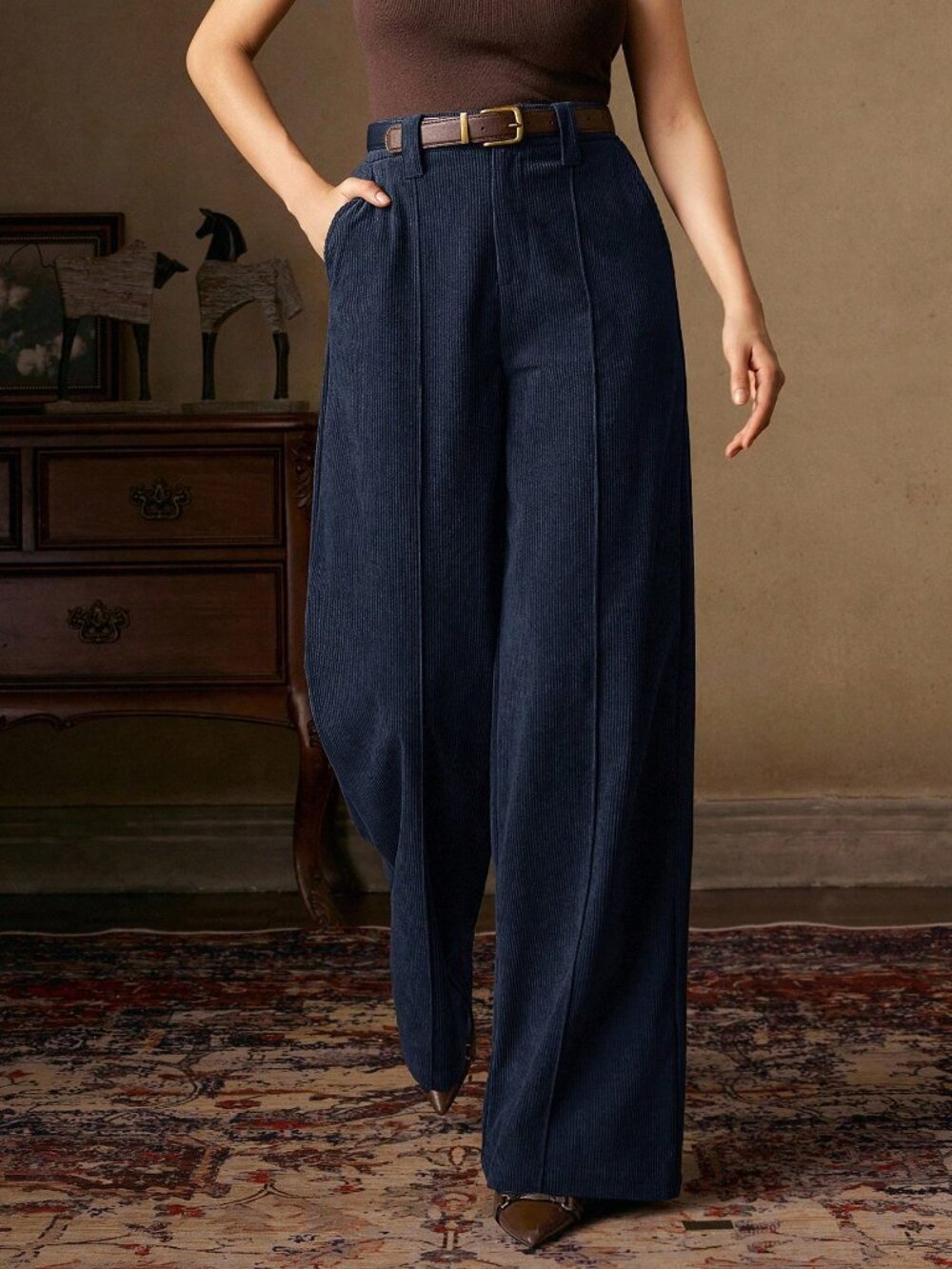 Navy Blue Casual Women's Corduroy Trousers - Picture 6 of 7